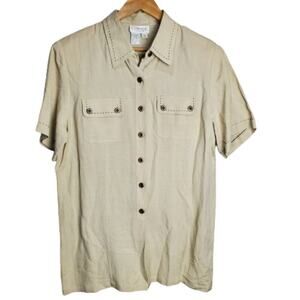 Vintage Blouse Womens Size Large Linen Tan Button Cottage Preppy Neutral Resort